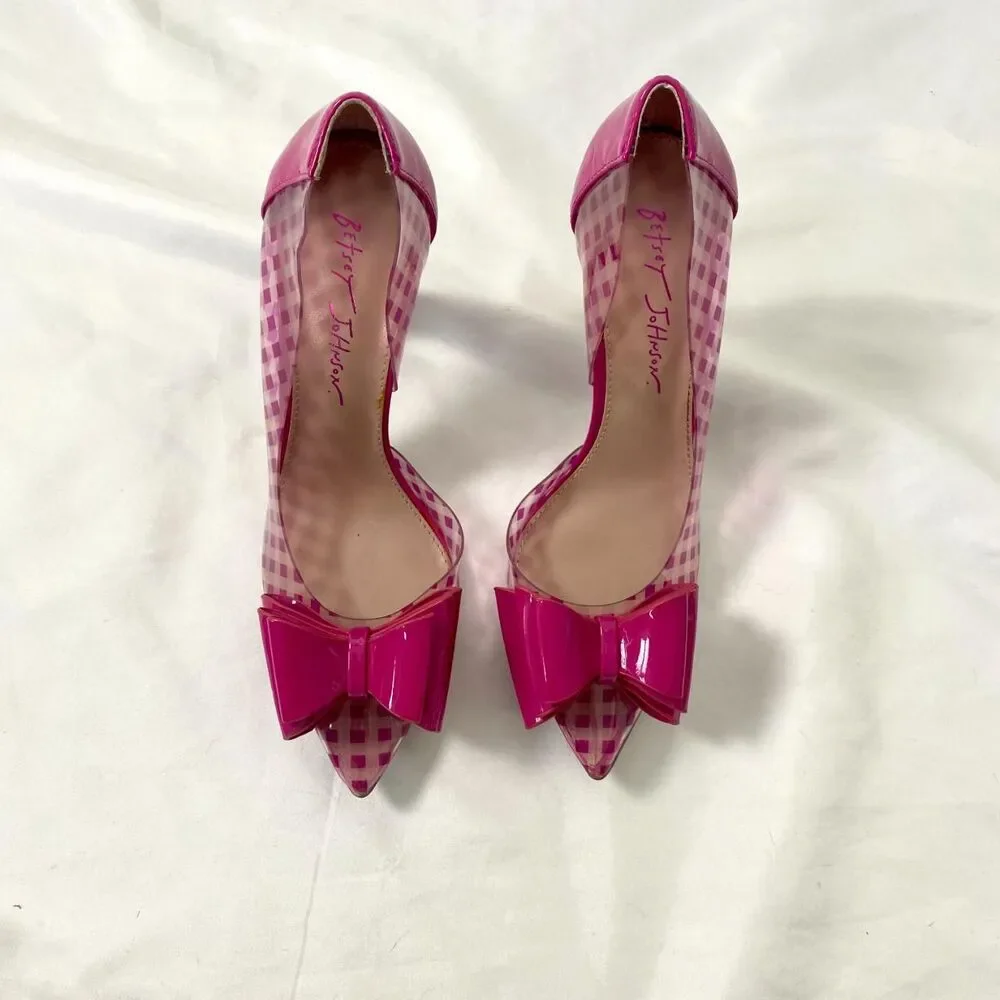 BETSEY JOHSON Fuchsia Checkered Kaison Pointed-Toe Stiletto Heel Bow Pumps 7.5 - Picture 2 of 6